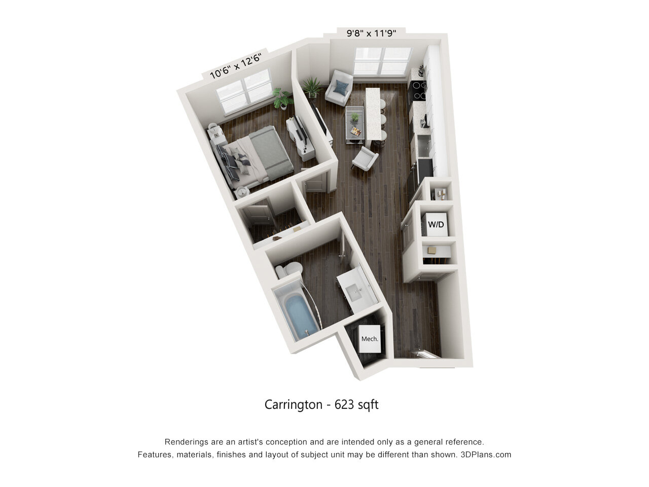 Floor plan for 1 bed, 1 bath, 623 sqft